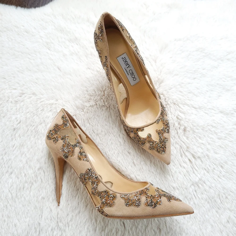 Jimmy Choo Karmel 120 Nude Suede Crystal Wedding Occasion Pointy Toe Mesh Pump - Picture 7 of 16